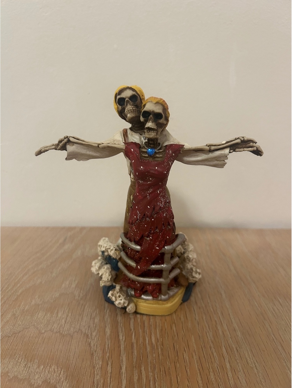 Skeleton Couple Figurine with Red Dress and Yellow Hair